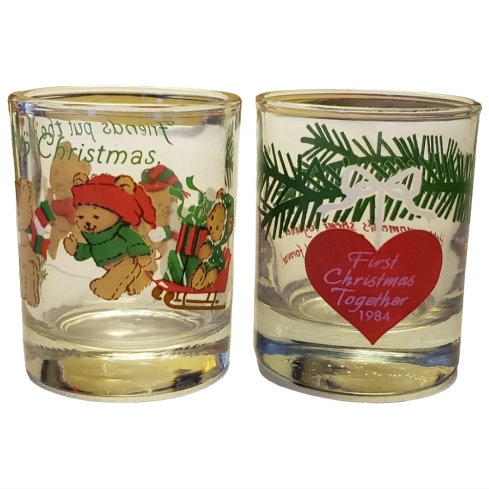 2 Vintage Collector's Shot/Espresso/Candle Glasses Christmas Teddy Bear Heart